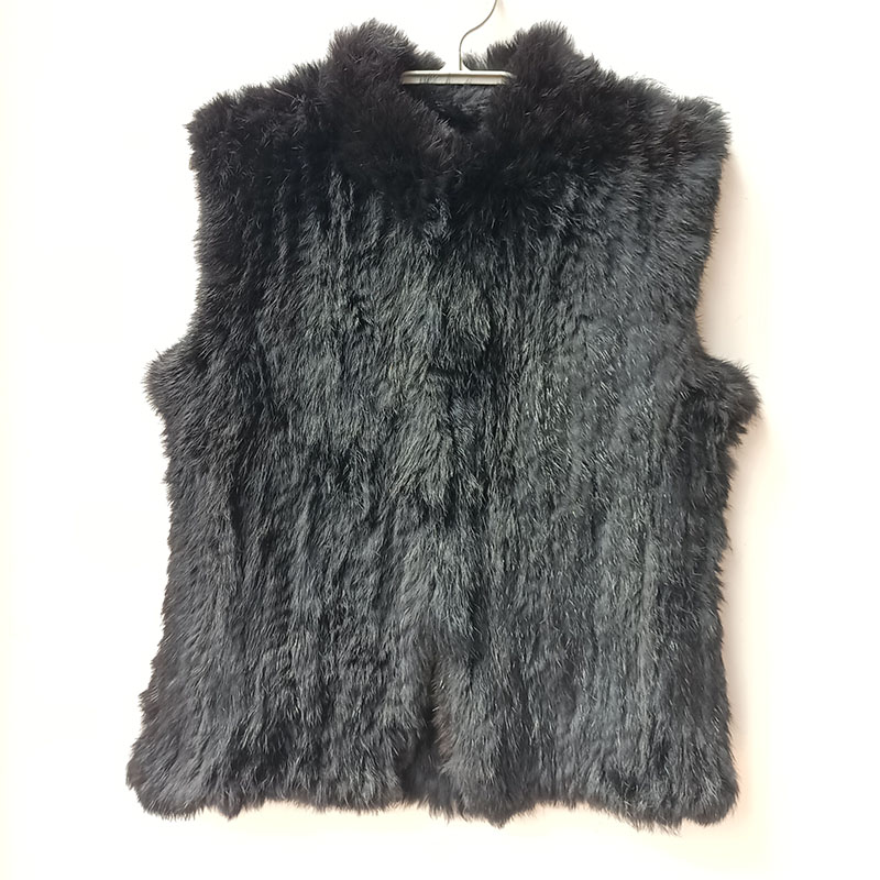 Women'S Fashion Gilet - 2023 Winter Black Knitted Real Rabbit