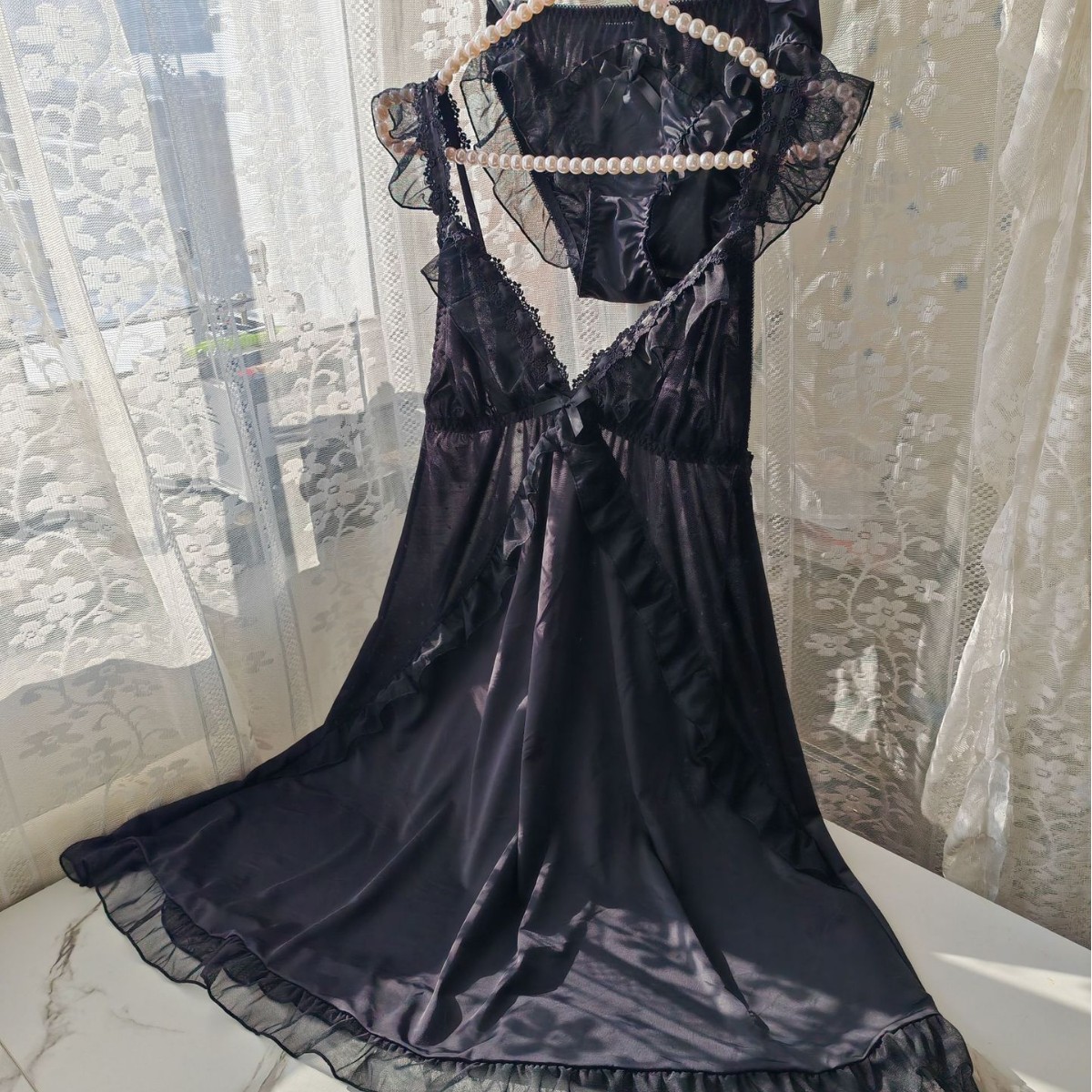 Women Black Ice Silk Nightgown - огляд і ціна Spaghetti Strap Dress